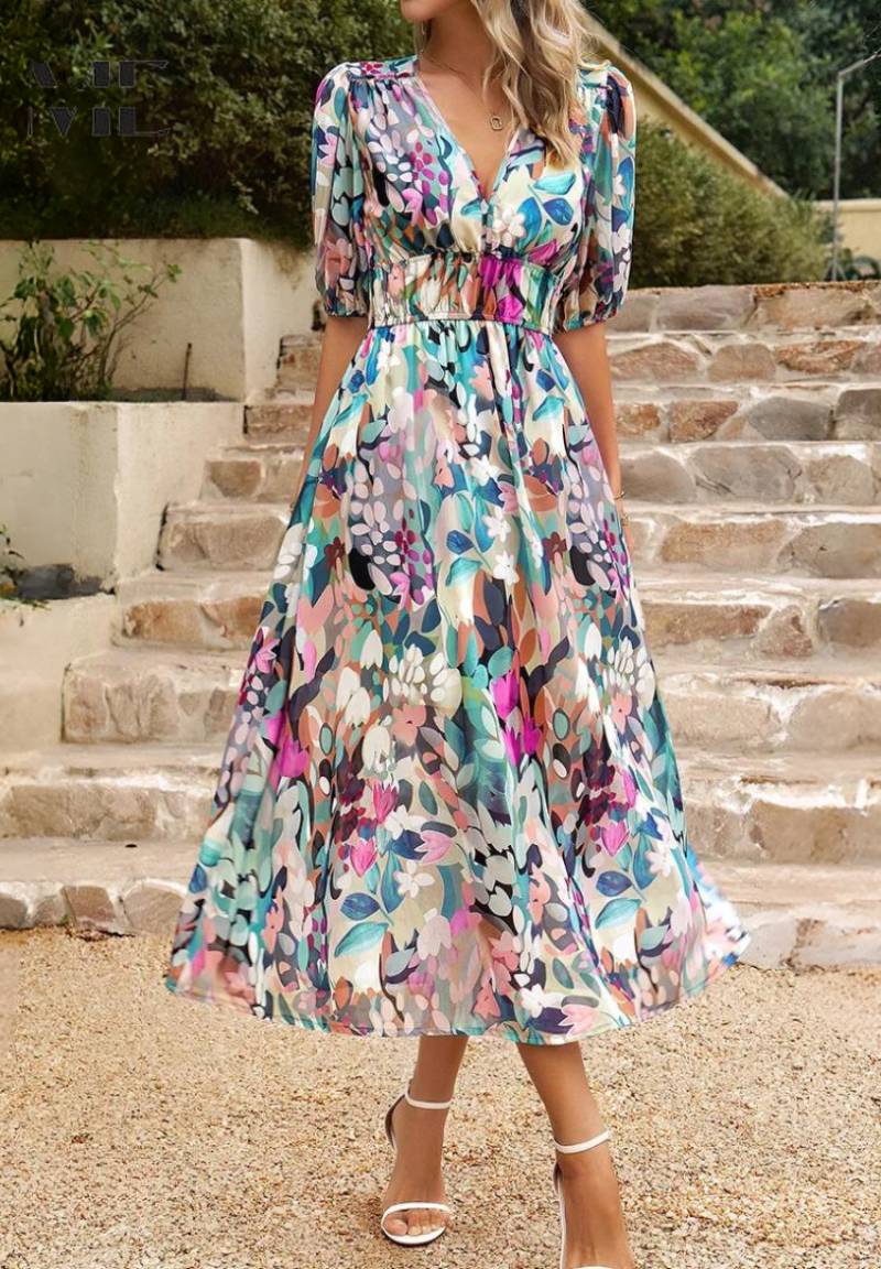 Woman wearing a multicolour floral V-neck midi dress, full front view