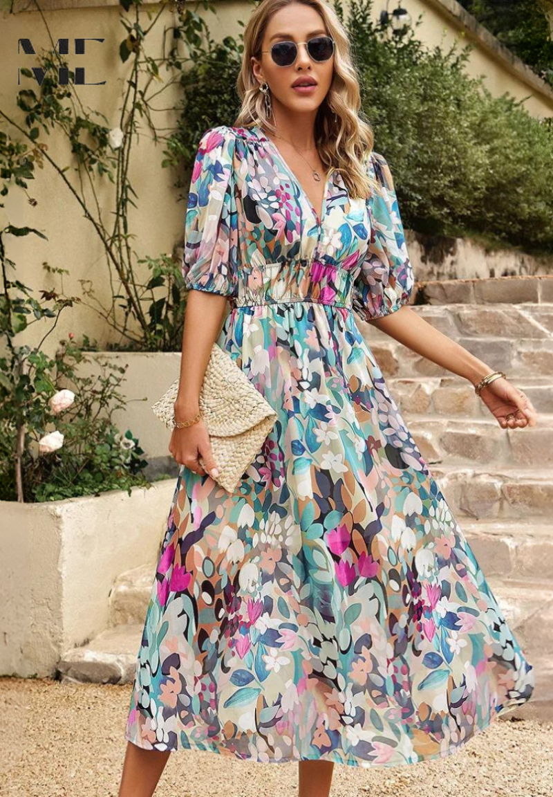 Woman wearing a multicolour floral V-neck midi dress, walking front view