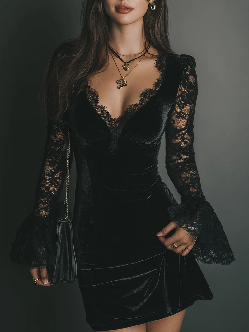 Black mini dress with a lace-trimmed V-neck and long bell sleeves