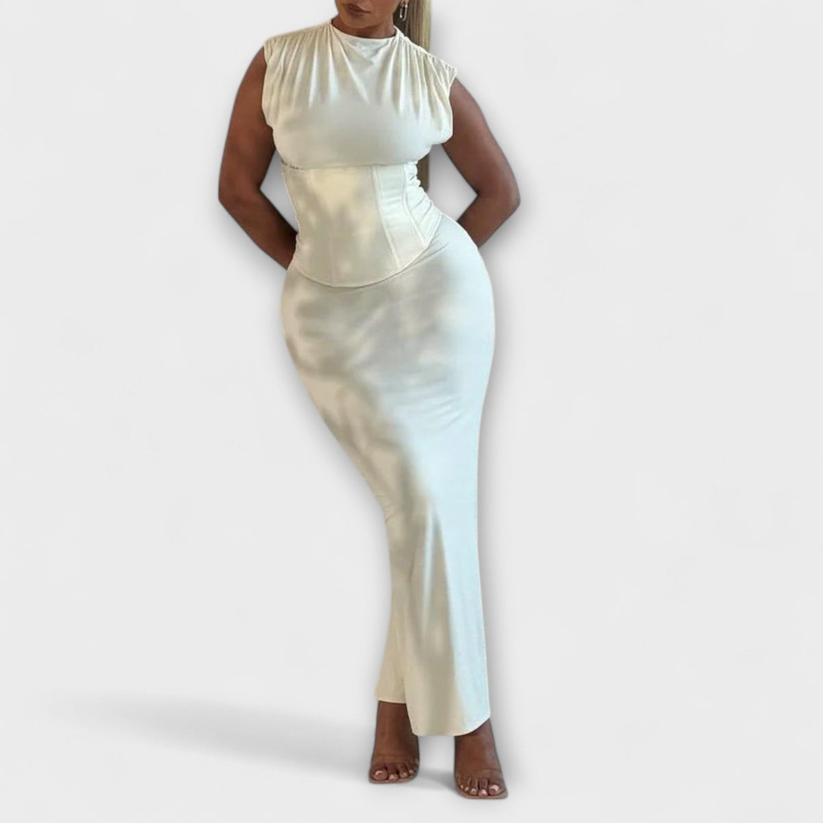 White High-Neck Maxi Dress with Cap Sleeves, a Corset Waist and Lace-Up Back-1