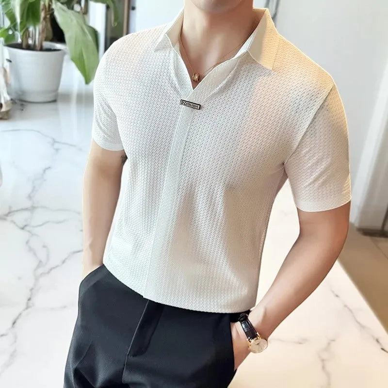 Men's Slim Fit Polo Shirt Short Sleeve V-Neck Smart Casual
