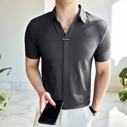 Men's Slim Fit Polo Shirt Short Sleeve V-Neck Smart Casual