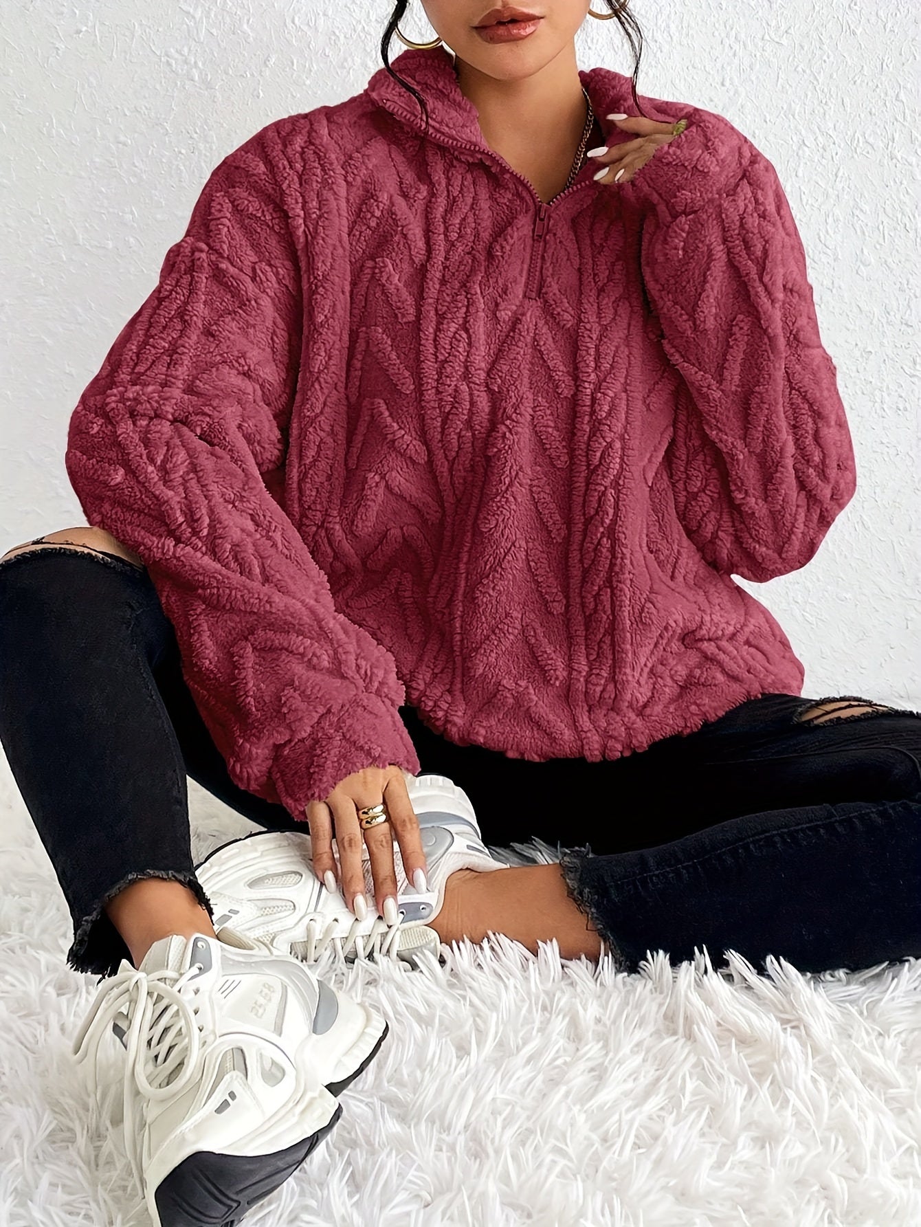 Women's Cable Knit Sweater Fleece Lined Half Zip Pullover Warm Winter Jumper Cosy Ladies Knit Top Casual Cold Weather S-XXL