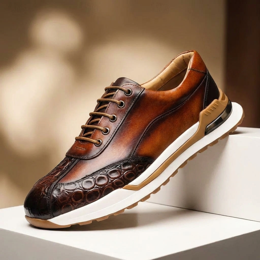 Men's Lace-Up Sneakers Burnished Embossed Panel White Sole Smart Casual