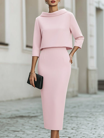 Women's Two Piece Set Cowl Neck Top Bodycon Midi Skirt Evening Formal
