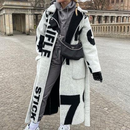 Women's Wool Coat Long Designer Pattern Elegant Warm Dress Outerwear