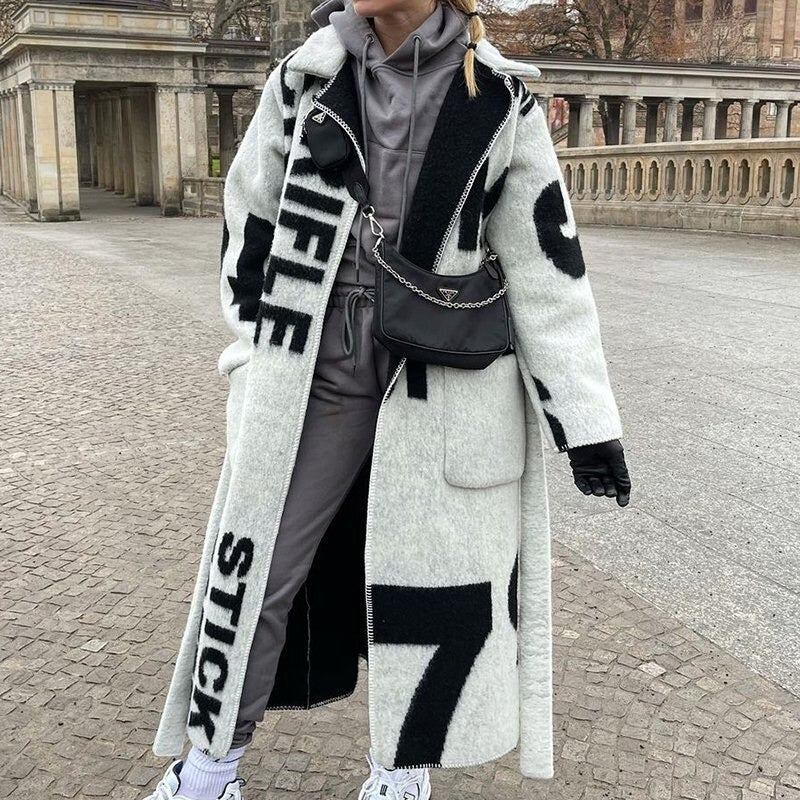 Women's Wool Coat Long Designer Pattern Elegant Warm Dress Outerwear