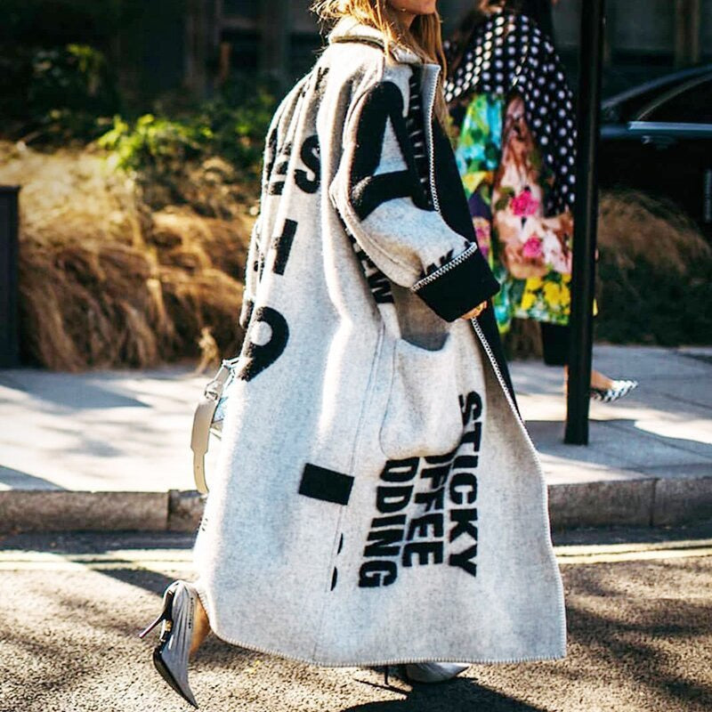 Women's Wool Coat Long Designer Pattern Elegant Warm Dress Outerwear