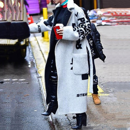 Women's Wool Coat Long Designer Pattern Elegant Warm Dress Outerwear