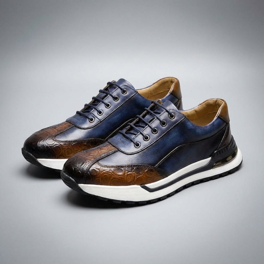 Men's Lace-Up Sneakers Burnished Embossed Panel White Sole Smart Casual