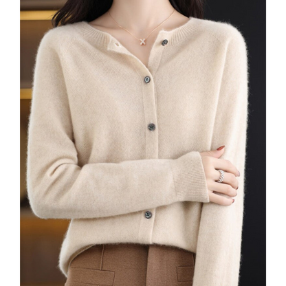 Women's Merino Wool Cardigan O-Neck Cashmere Jumper Warm Knit