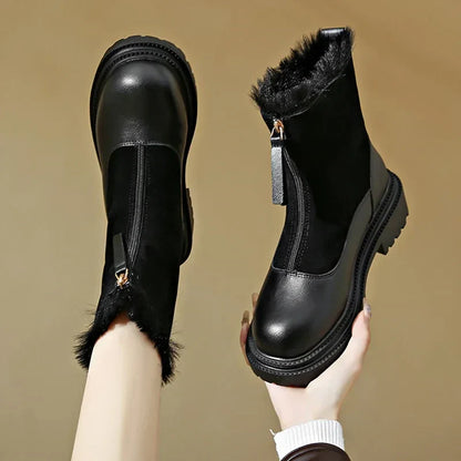 Women's Winter Boots Snow Shoes Chunky Sole Front Zip Warm Casual