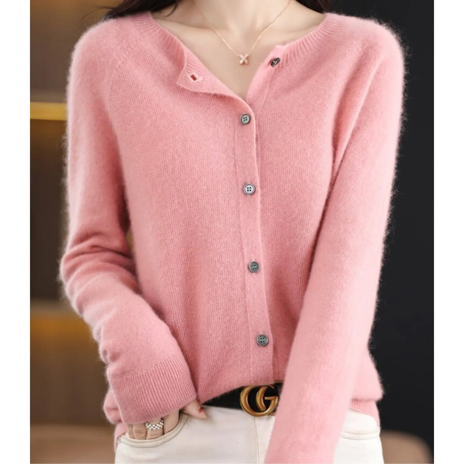 Women's Merino Wool Cardigan O-Neck Cashmere Jumper Warm Knit