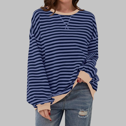 Women's Striped Jumper Cotton Blend Loose Fit Round Neck Long Sleeve Casual Pullover Sweater Multicolour Relaxed Everyday Knit Top