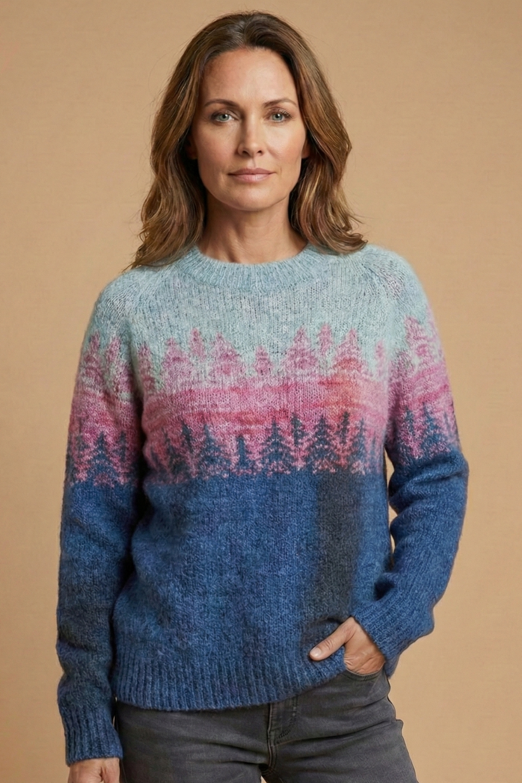 Women's Knit Jumper Round Neck Patterned Chest Casual Everyday Pullover