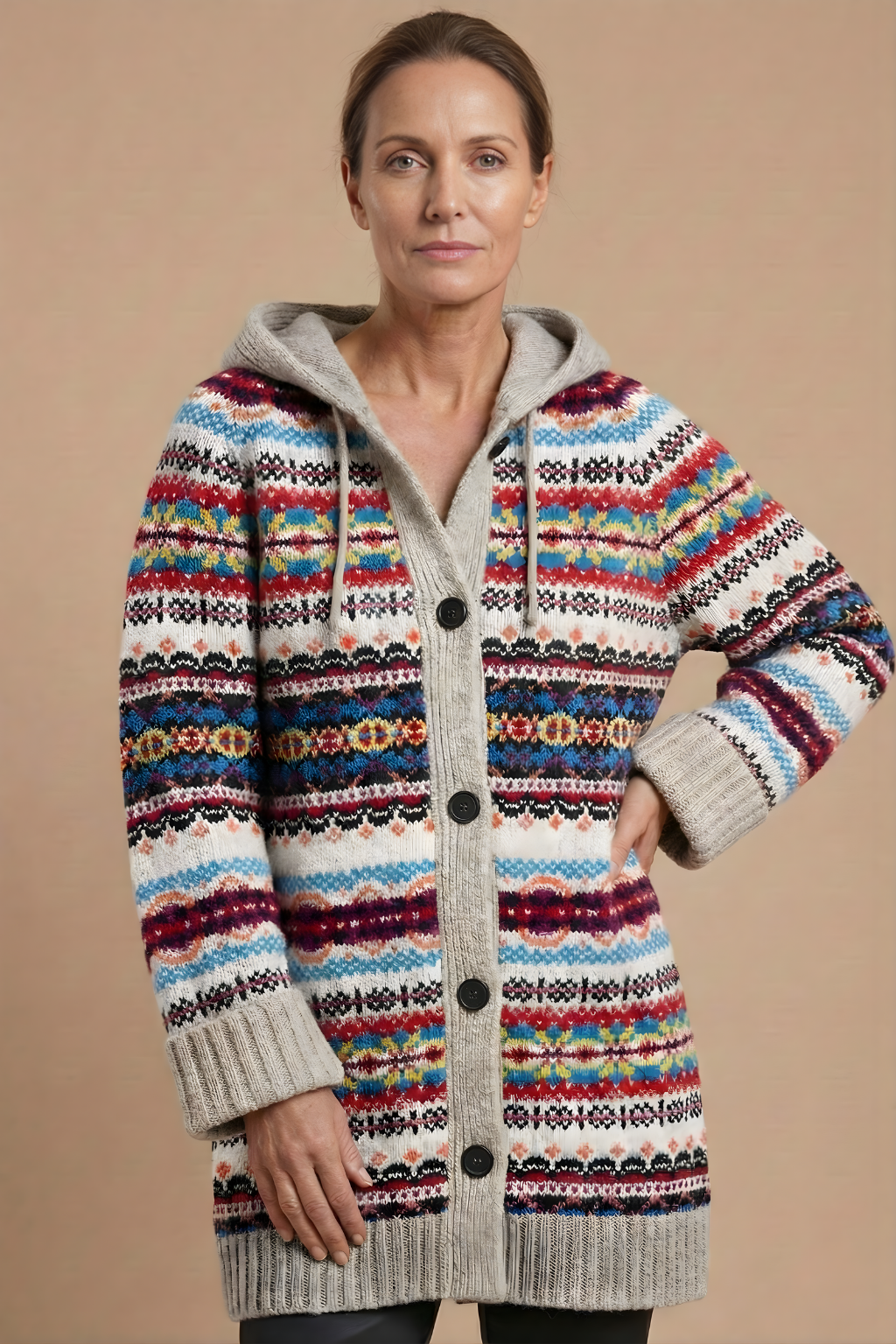 Women's Knit Cardigan with Hood Button Front Patterned Relaxed Casual