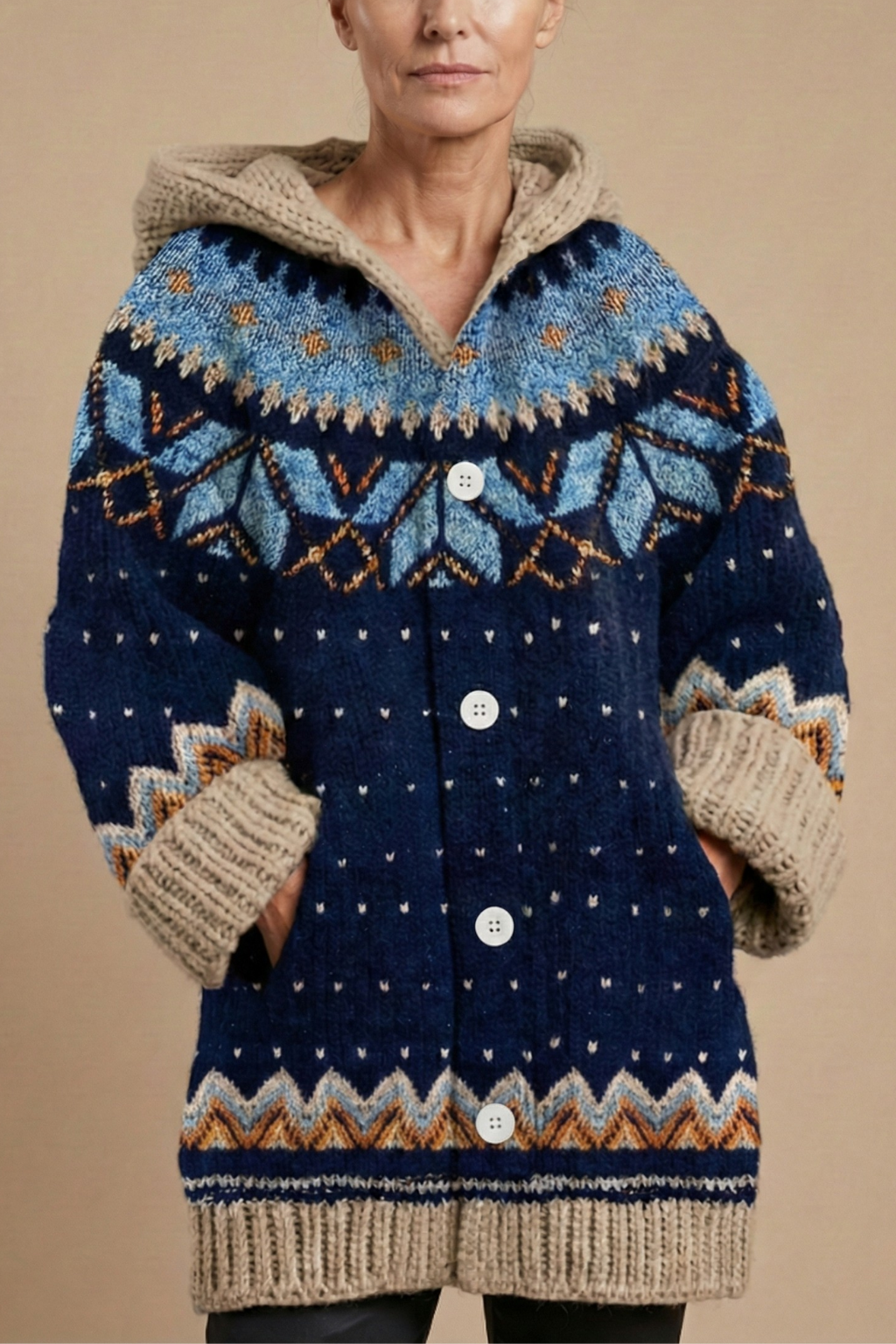 Women's Knit Cardigan with Hood Button Front Patterned Relaxed Casual