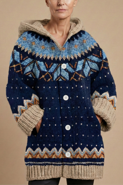 Women's Knit Cardigan with Hood Button Front Patterned Relaxed Casual