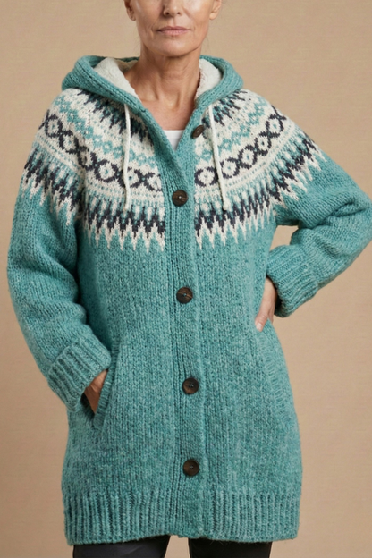 Women's Knit Cardigan with Hood Button Front Patterned Relaxed Casual