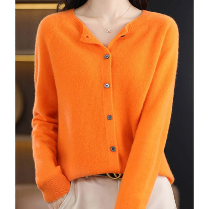 Women's Merino Wool Cardigan O-Neck Cashmere Jumper Warm Knit