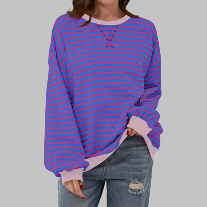 Women's Striped Jumper Cotton Blend Loose Fit Round Neck Long Sleeve Casual Pullover Sweater Multicolour Relaxed Everyday Knit Top