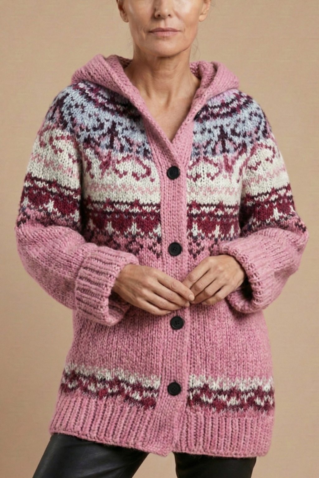 Women's Knit Cardigan with Hood Button Front Patterned Relaxed Casual