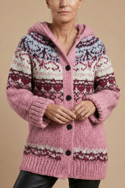 Women's Knit Cardigan with Hood Button Front Patterned Relaxed Casual
