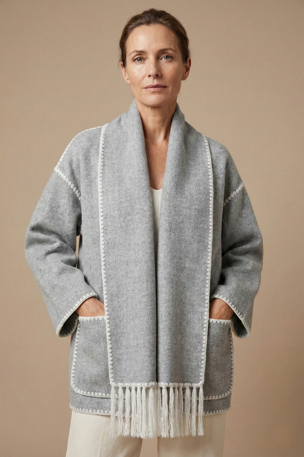 Women's Fringed Scarf Coat Open Front Long Sleeve Wrap Casual