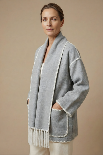 Women's Fringed Scarf Coat Open Front Long Sleeve Wrap Casual