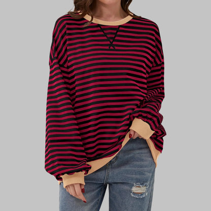 Women's Striped Jumper Cotton Blend Loose Fit Round Neck Long Sleeve Casual Pullover Sweater Multicolour Relaxed Everyday Knit Top