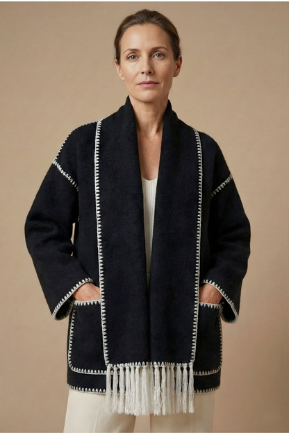 Women's Fringed Scarf Coat Open Front Long Sleeve Wrap Casual
