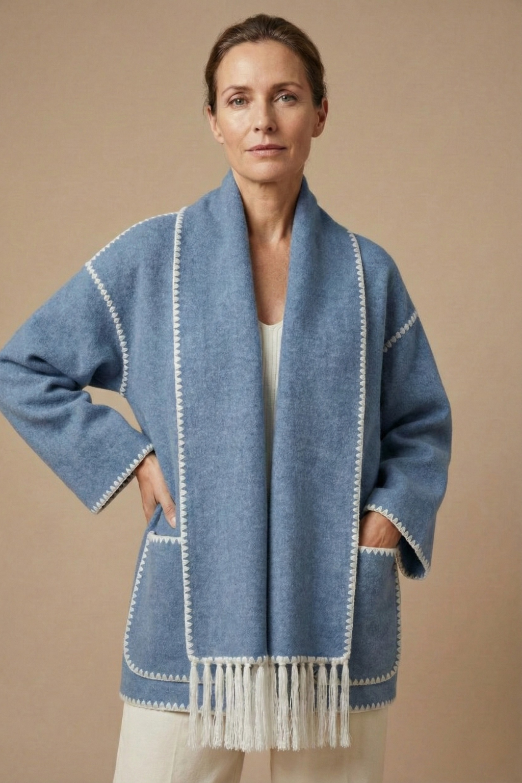 Women's Fringed Scarf Coat Open Front Long Sleeve Wrap Casual