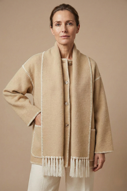 Women's Fringed Scarf Coat Open Front Long Sleeve Wrap Casual