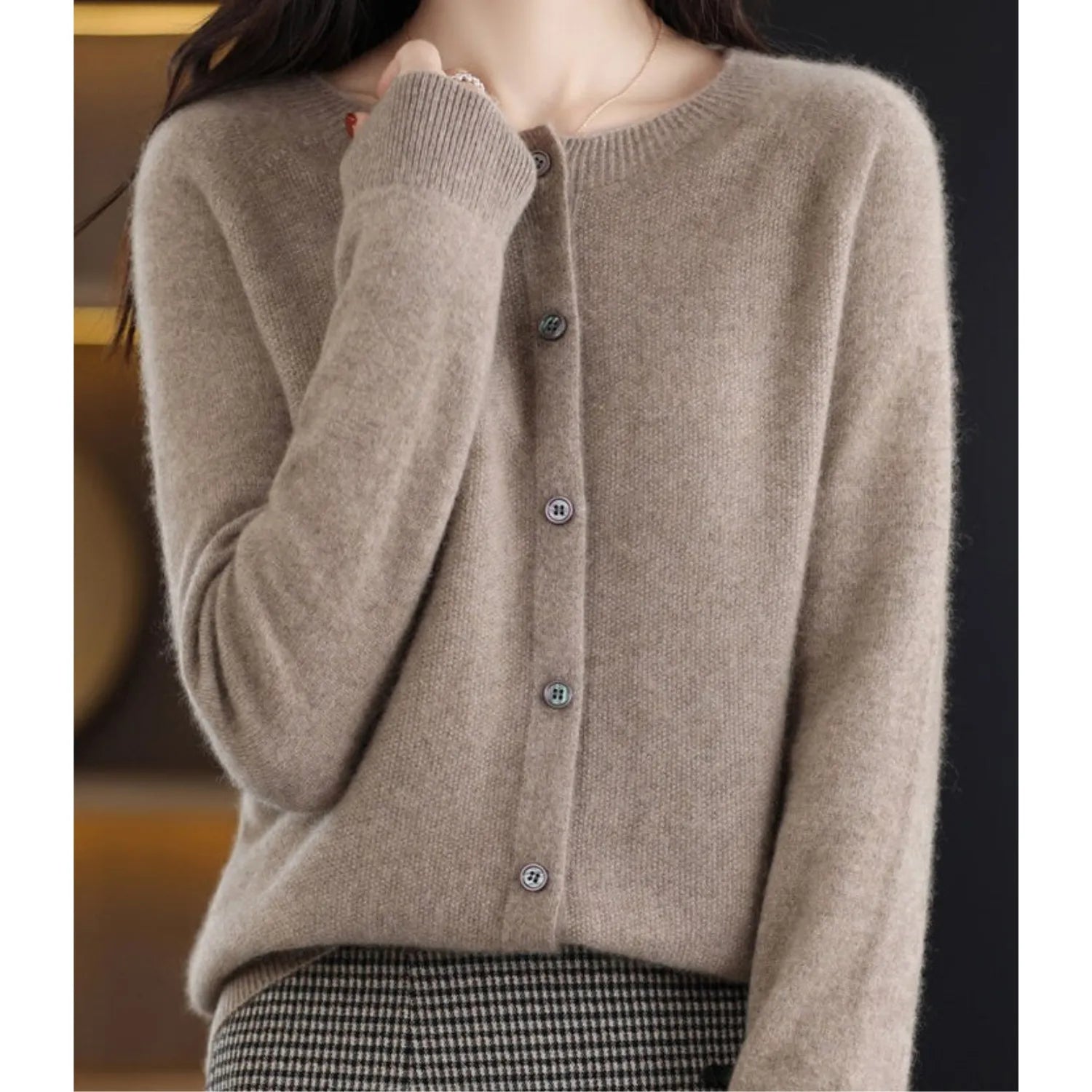 Women's Merino Wool Cardigan O-Neck Cashmere Jumper Warm Knit