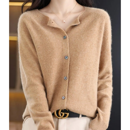 Women's Merino Wool Cardigan O-Neck Cashmere Jumper Warm Knit