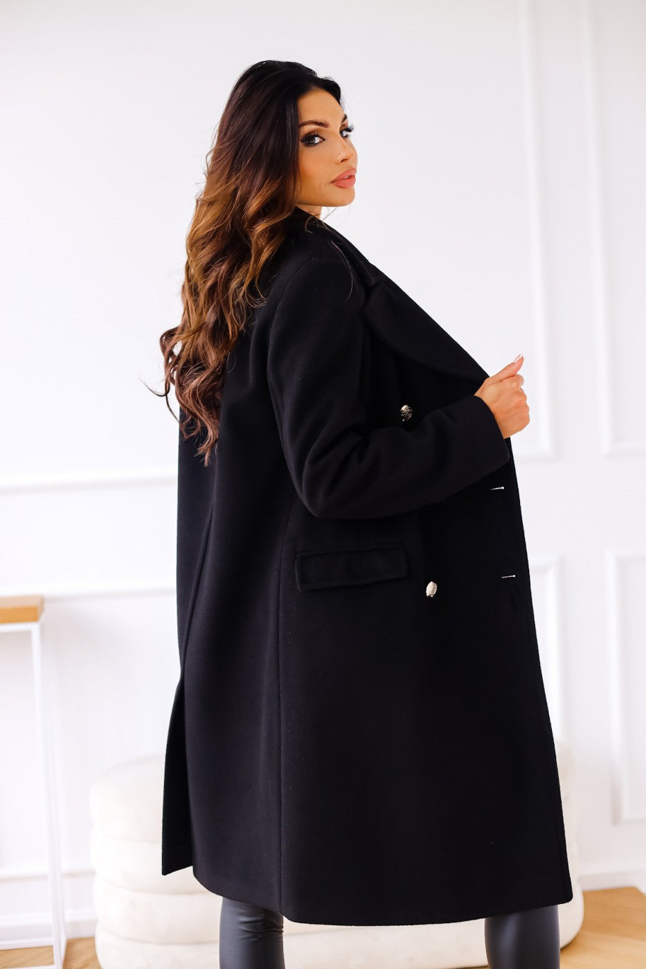 Women's Double Breasted Coat Gold Button Mid-Length A-Line Wide Lapel