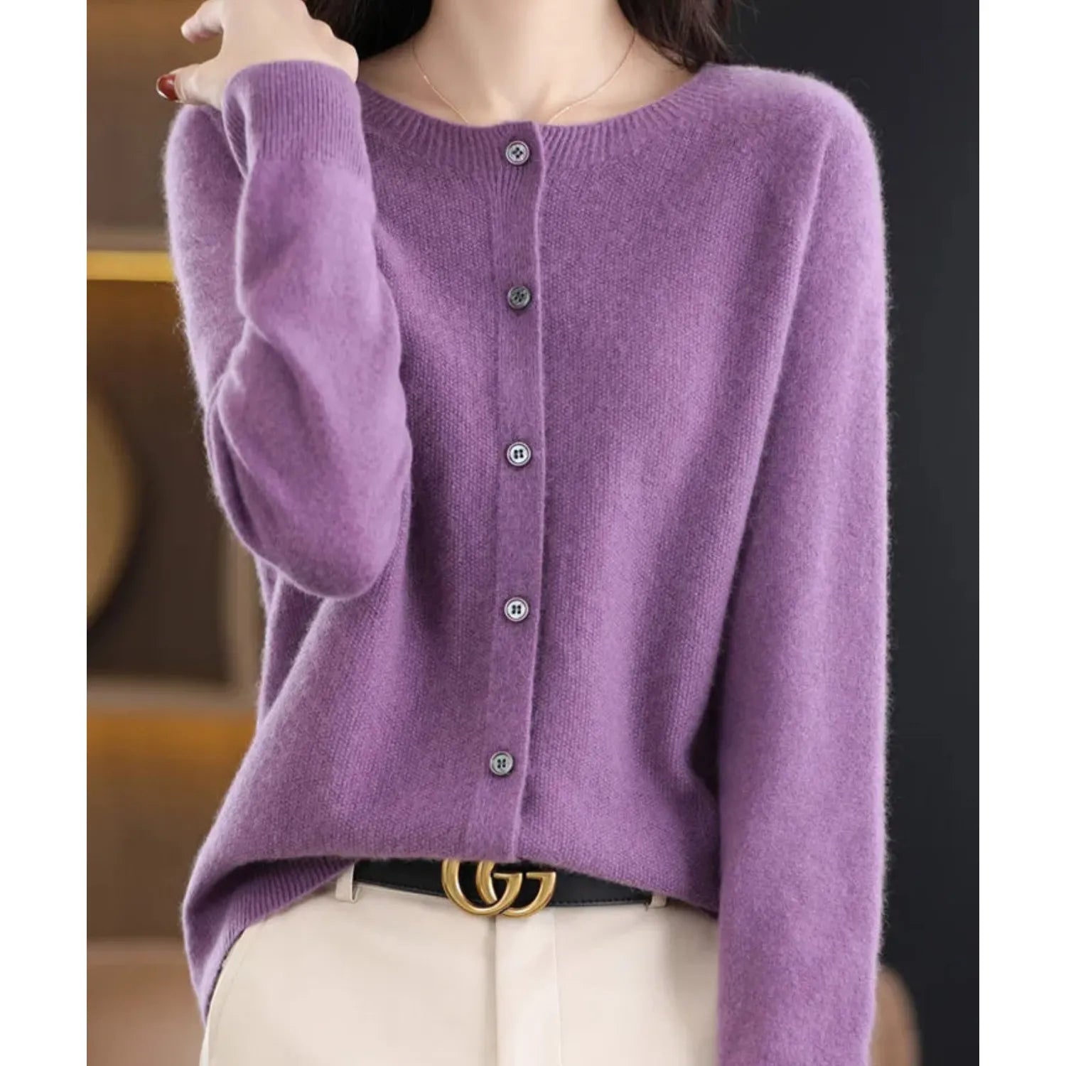 Women's Merino Wool Cardigan O-Neck Cashmere Jumper Warm Knit