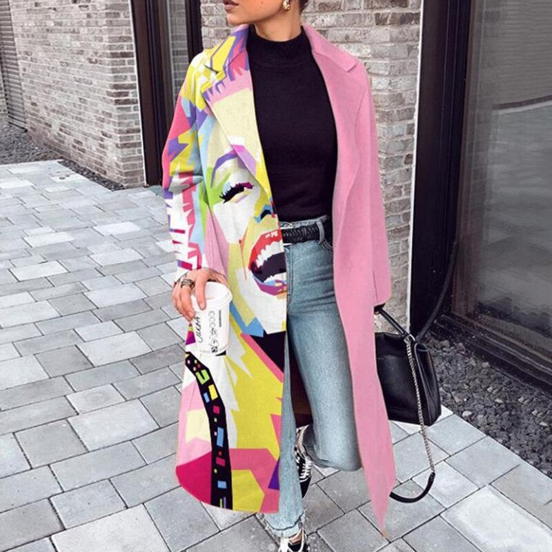Women's Wool Coat Long Designer Pattern Elegant Warm Dress Outerwear