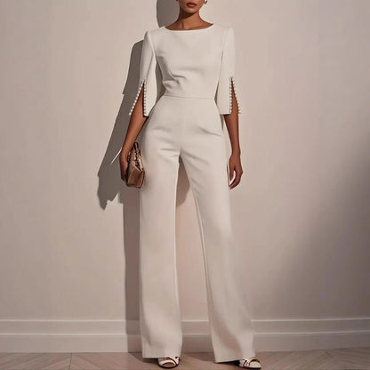 Women's Wide Leg Jumpsuit Boat Neck Pearl Sleeve Detail Smart Casual