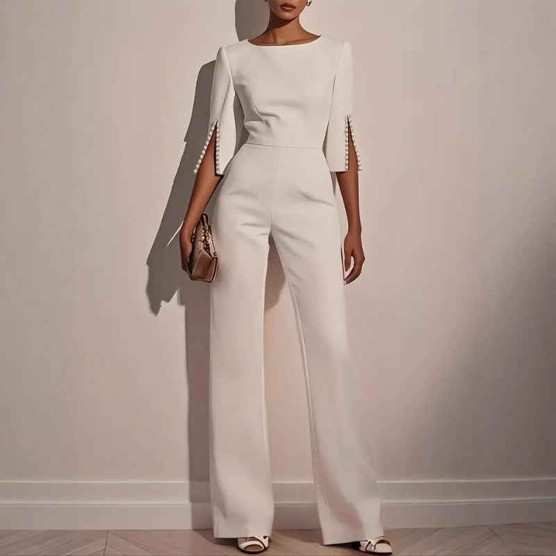 Women's Wide Leg Jumpsuit Boat Neck Pearl Sleeve Detail Smart Casual
