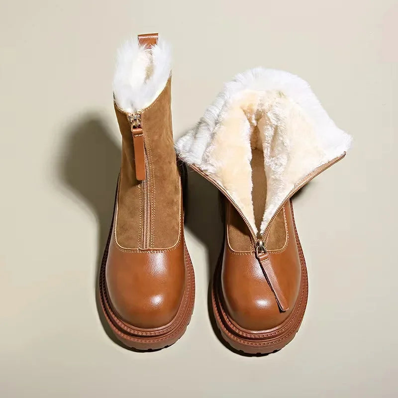 Women's Winter Boots Snow Shoes Chunky Sole Front Zip Warm Casual