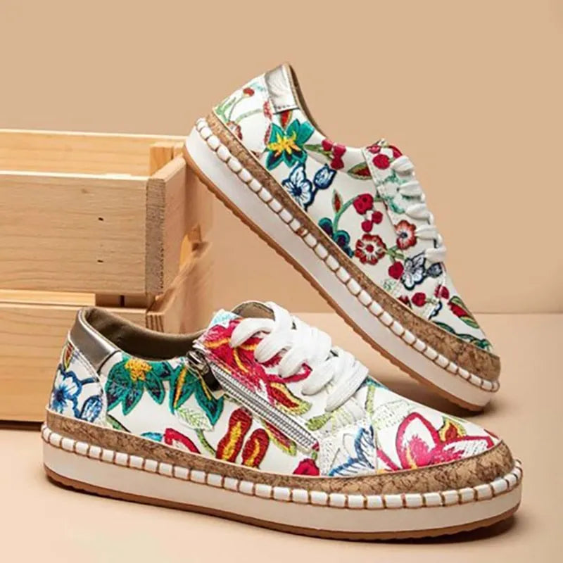Women's Lace-Up Sneakers Low-Top Casual Shoes with Side Zip Platform