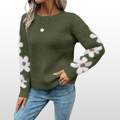 Women's Floral Sweater Round Neck Loose Fit Autumn Winter Knit Pullover Ladies Casual Cosy Long Sleeve Knitwear Warm Top