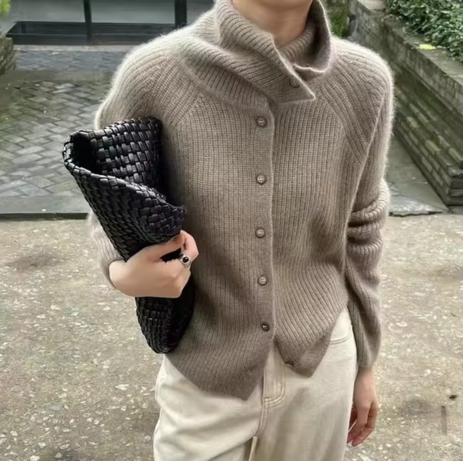 Women's Turtleneck Cardigan Button Front Ribbed Knit Oversized Polo Neck