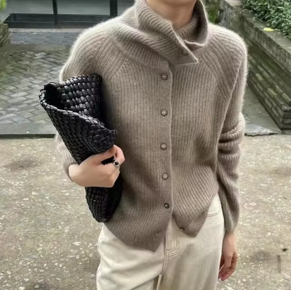 Women's Turtleneck Cardigan Button Front Ribbed Knit Oversized Polo Neck
