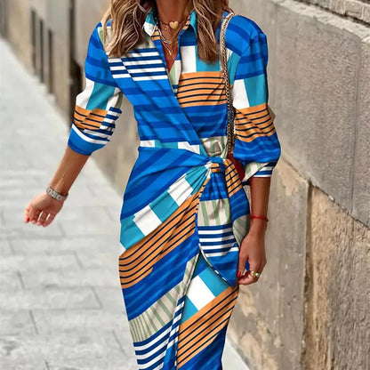 Women's Maxi Wrap Dress Geometric Print Long Sleeves Tie Waist