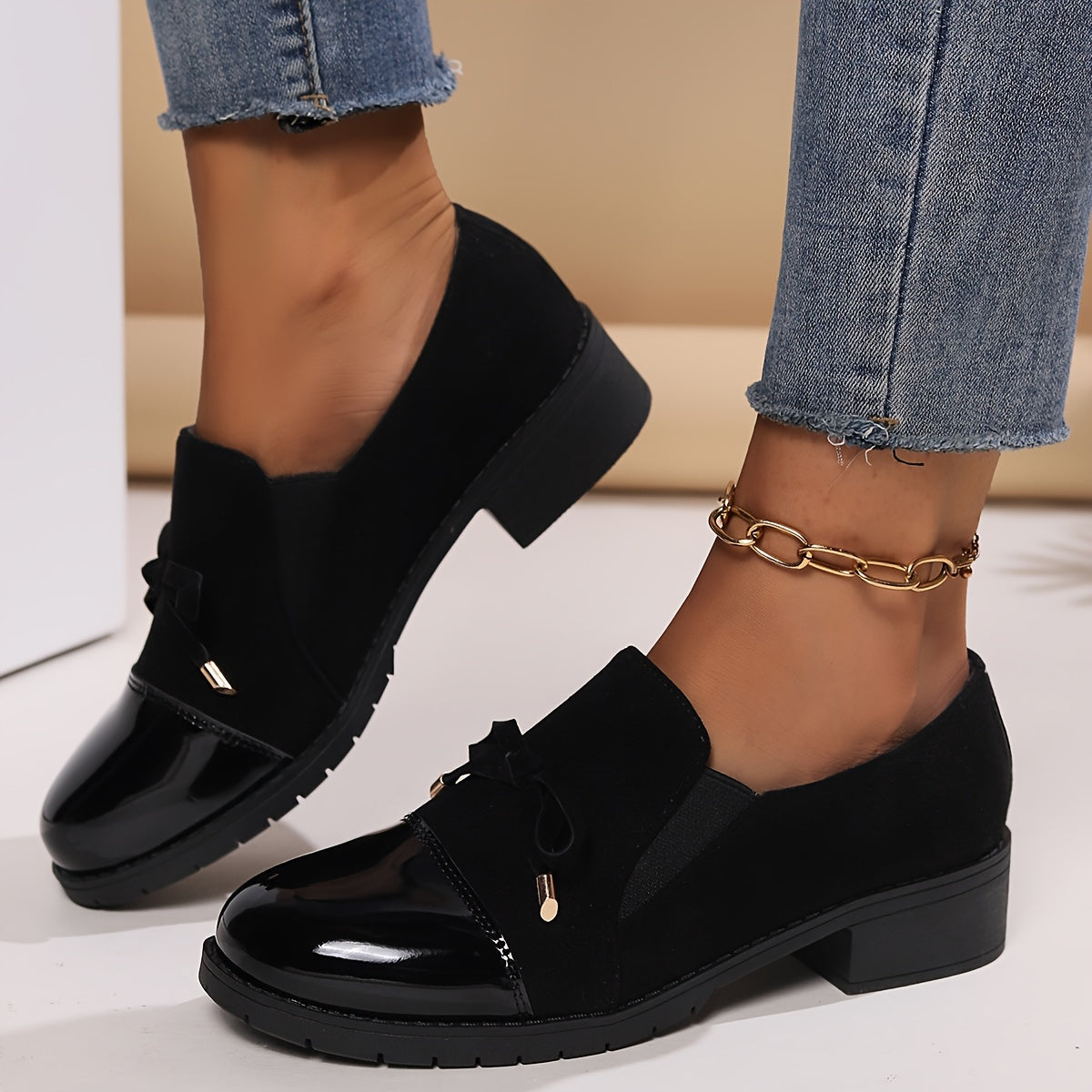 Women's Loafers Bow Block Heel Slip-On Comfortable Casual Formal Shoes