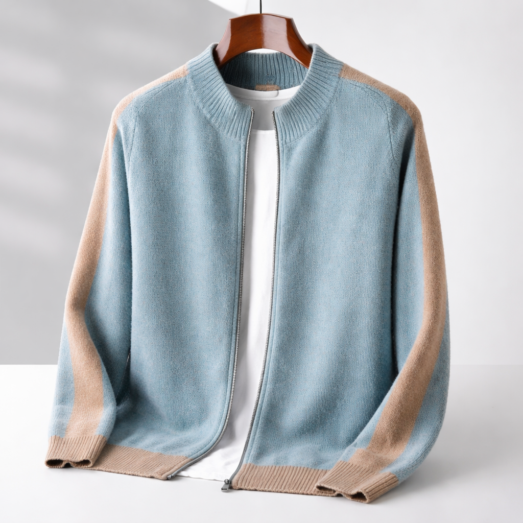 Men's Zip-Up Knit Jacket Contrast Sleeve Ribbed Collar Autumn Winter