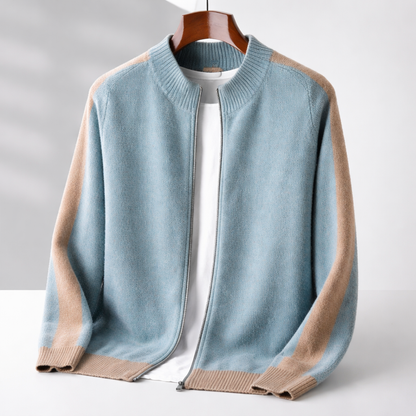 Men's Zip-Up Knit Jacket Contrast Sleeve Ribbed Collar Autumn Winter
