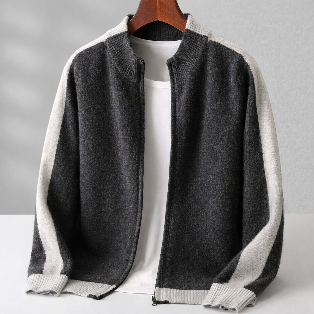 Men's Zip-Up Knit Jacket Contrast Sleeve Ribbed Collar Autumn Winter